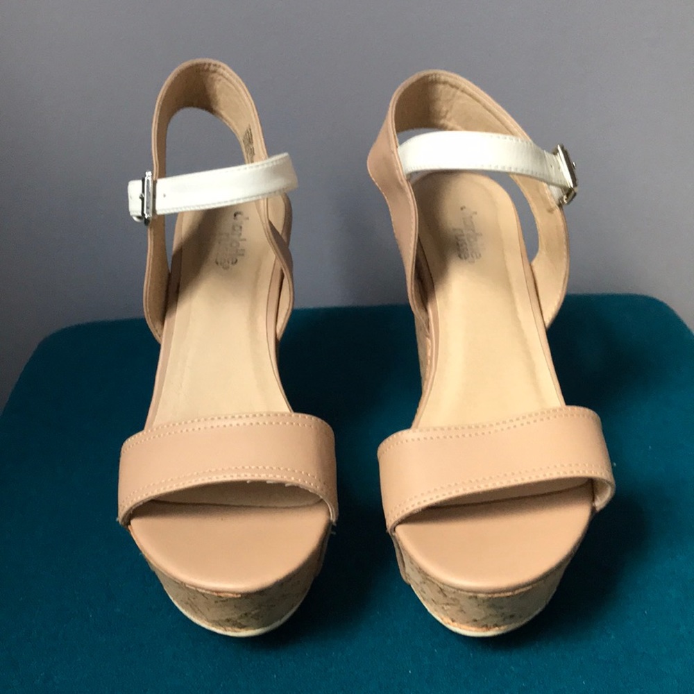 Tan and White Strapped Wedges